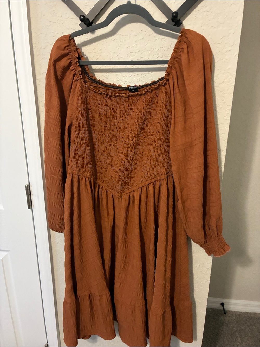 Rust Brown Smocked Peasant Dress - Women